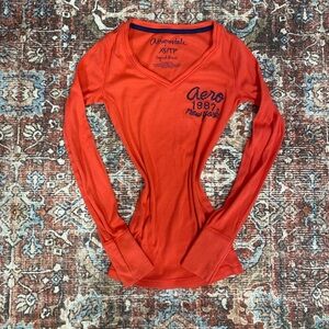 Aeropostale 2011 Y2K v-neck ribbed long sleeve with embroidered glitter script